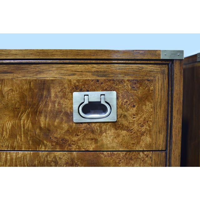 Brown 1970s Campaign Burl Wood Chests by Hickory Furniture - A Pair For Sale - Image 8 of 13
