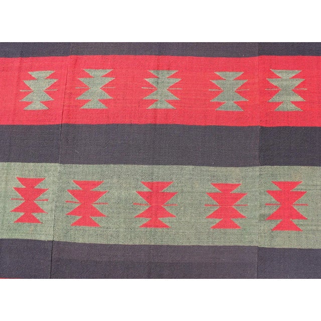Large Vintage Kilim Rug With Tribal Shapes and Stripes in Red, Brown and Green For Sale - Image 12 of 13