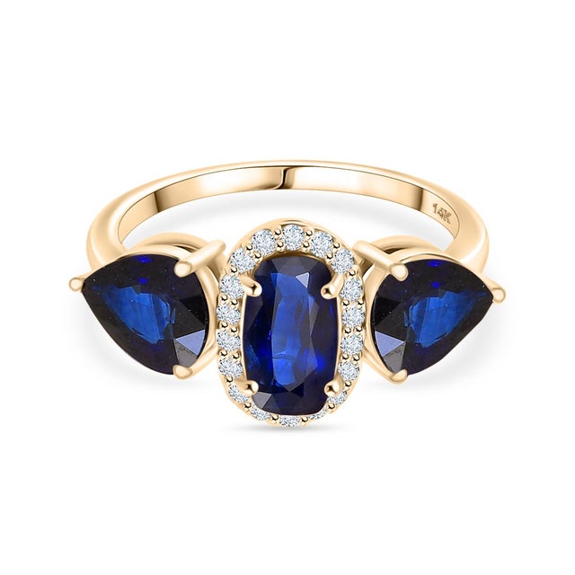 Metal 14k Gold Blue Sapphire Diamond Three Stone Ring Size 6 For Sale - Image 7 of 12