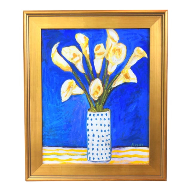 Vase of Calla Lily Flowers by Ruth Arenz Including the Antiqued Gold Wood Frame For Sale