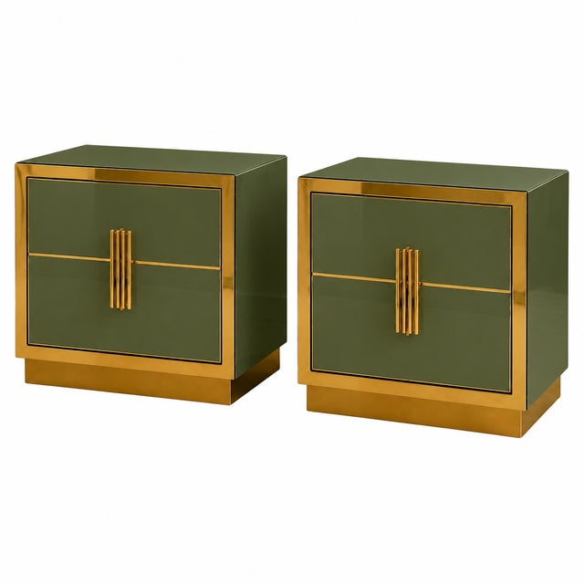 Olive green glass gives these Italian nightstands an earthy colour palette, contrasted by crisp polished brass detailing....