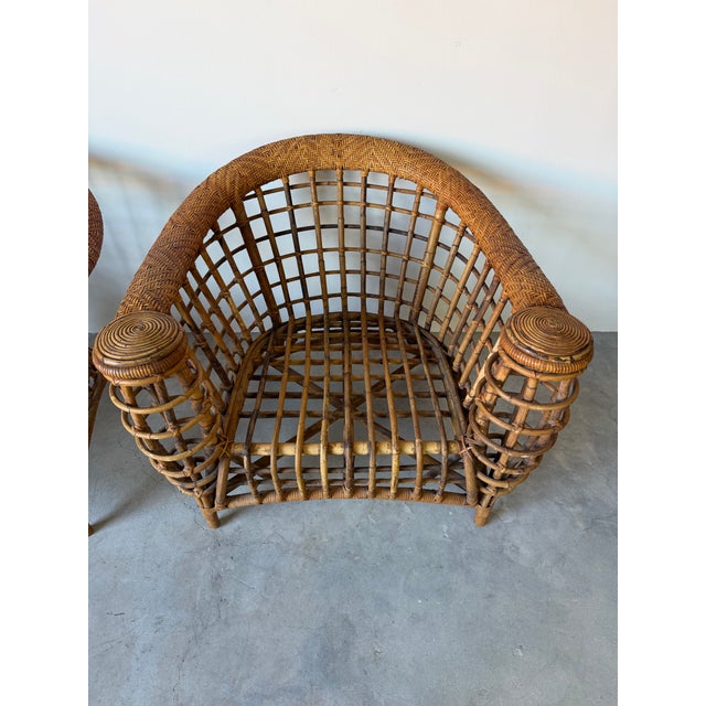 Wood Vintage Boho Coastal Organic Rattan Lounge Chairs – A Pair For Sale - Image 7 of 12