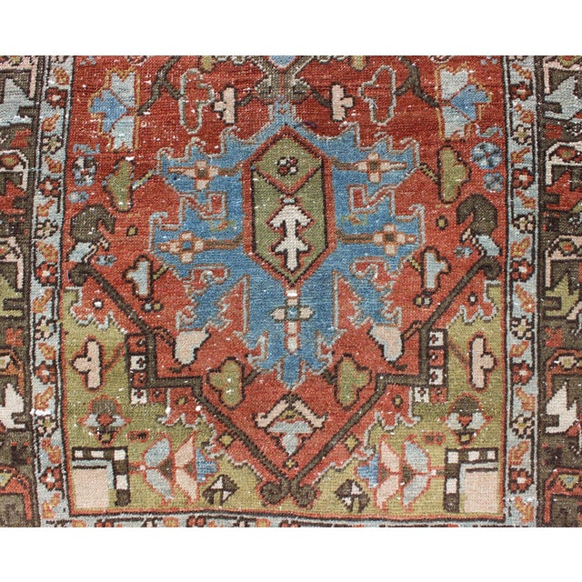 Antique Persian Heriz Runner With Geometric Medallion Design in Red, Olive, Blue 3'2"x11'7" For Sale - Image 10 of 11