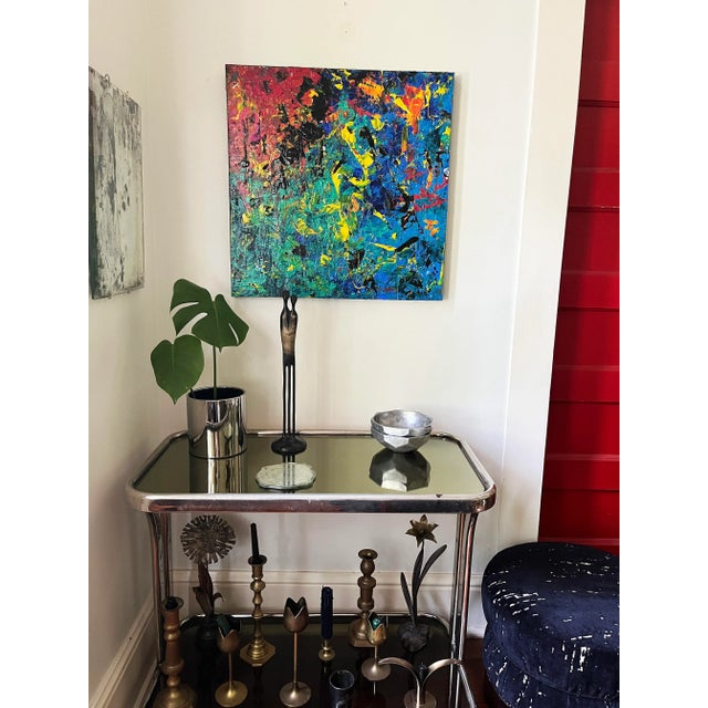 This is an original stretched canvas Abstract Expressionist Painting, unsigned, made in the 1990s. The colors are vivid...