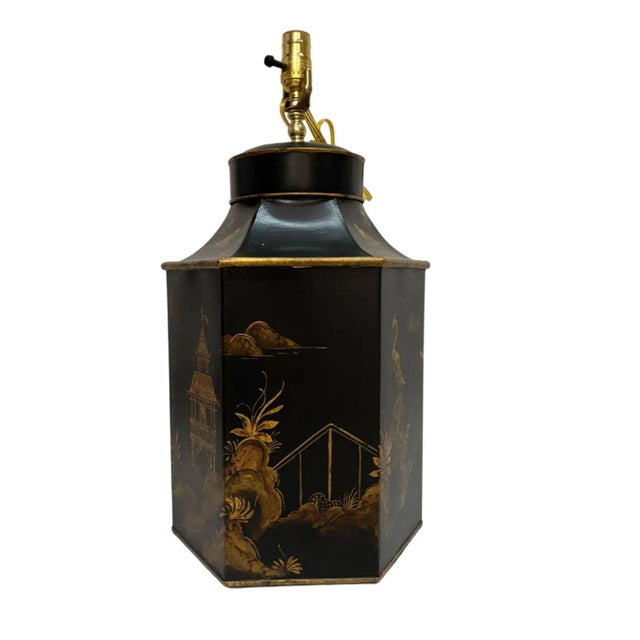 Vintage English Export Hexagonal Tea Caddy No.1 With Amber Pavilion on a Black Backdrop, Hand Drawn Table Lamp, Retro Lamp For Sale - Image 11 of 12