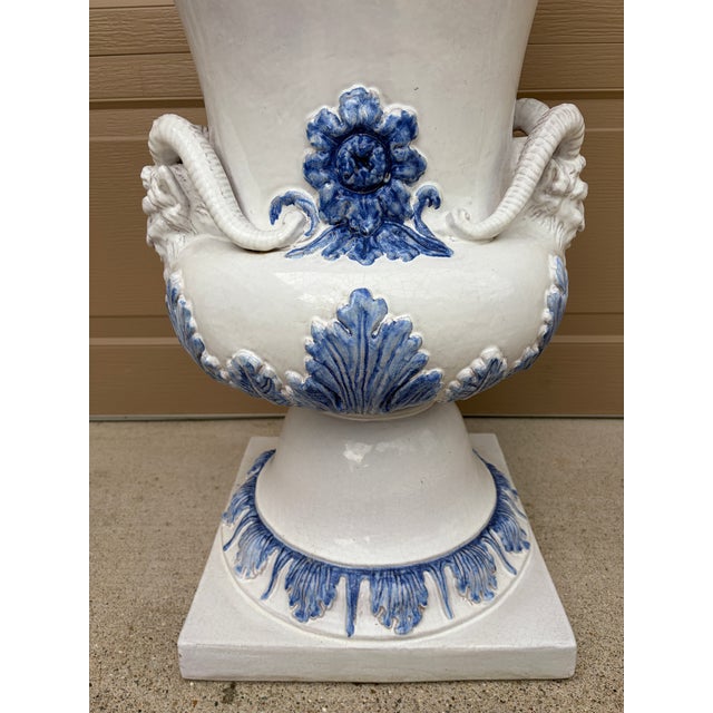 Monumental Blue & White Majolica Grecian Urn With Jupiter Ammon Motifs For Sale - Image 9 of 17