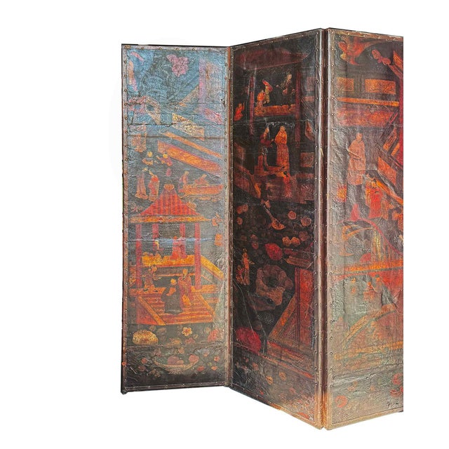 Antique Chinoiserie-Decorated Painted Leather Folding Screen For Sale - Image 4 of 5