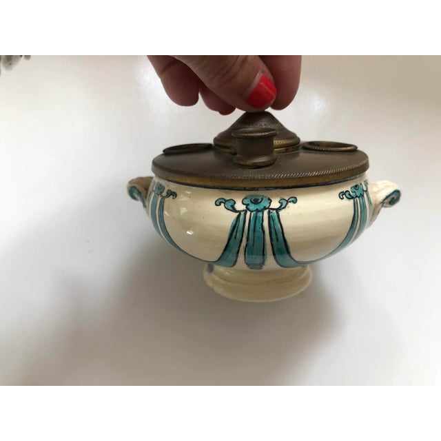 Metal Antique French Porcelain Hand Painted Inkwell For Sale - Image 7 of 8