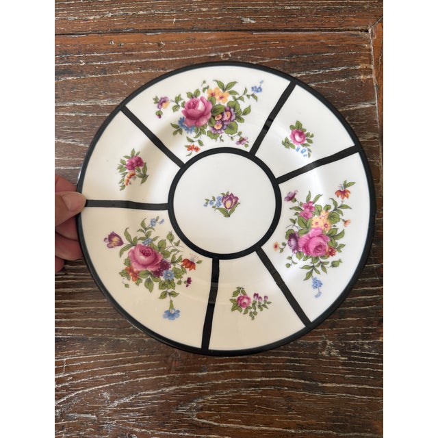 1910s Crown Staffordshire Fine Bone China Salad Plates Black Art Deco Bands With Floral Bouquets – Made in England -Set of Ten For Sale In Chicago - Image 6 of 9