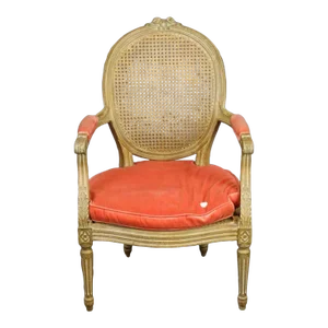 French Louis XVI Style Painted Cane Seat and Back and Coral Velvet Upholstery 19th Century