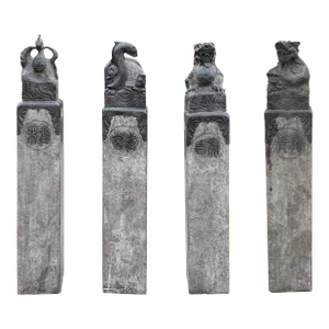 Chinese Set Gray Black Stone Fengshui Four Symbols Slim Pole Statue