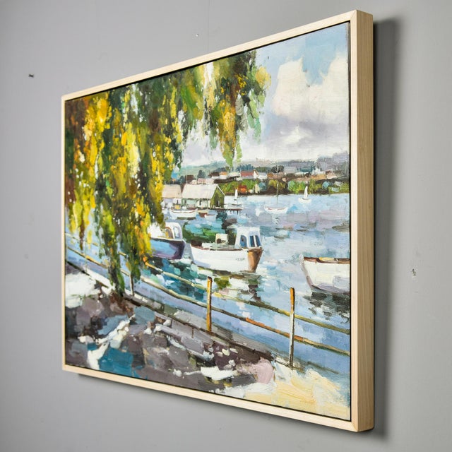 Asparagus Vintage Framed Large Oil Painting on Canvas Depicting Boats in Harbor For Sale - Image 8 of 11