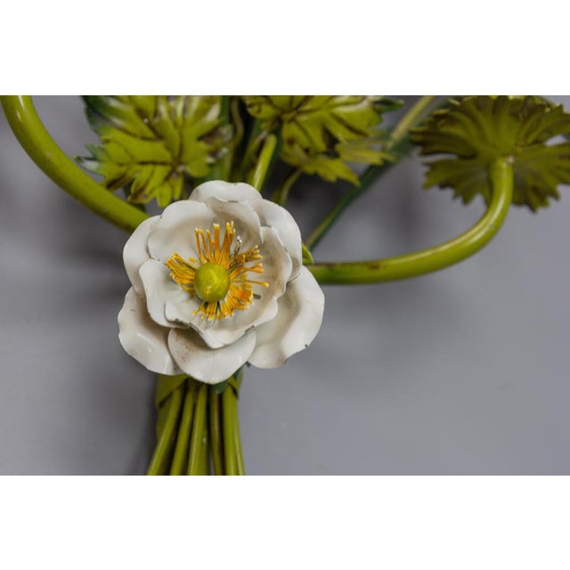 Metal Italian Toleware White Poppy and Wheat Green Floral Bouquet Two-Light Sconce, 1960s For Sale - Image 7 of 18