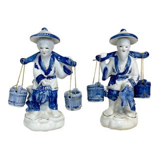 Mid-Century Chinoiserie Blue White Fishermen Figurines - A Pair. For Sale