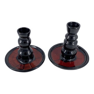 Vintage Black and Red Studio Pottery Candle Holders - Set of 2 For Sale