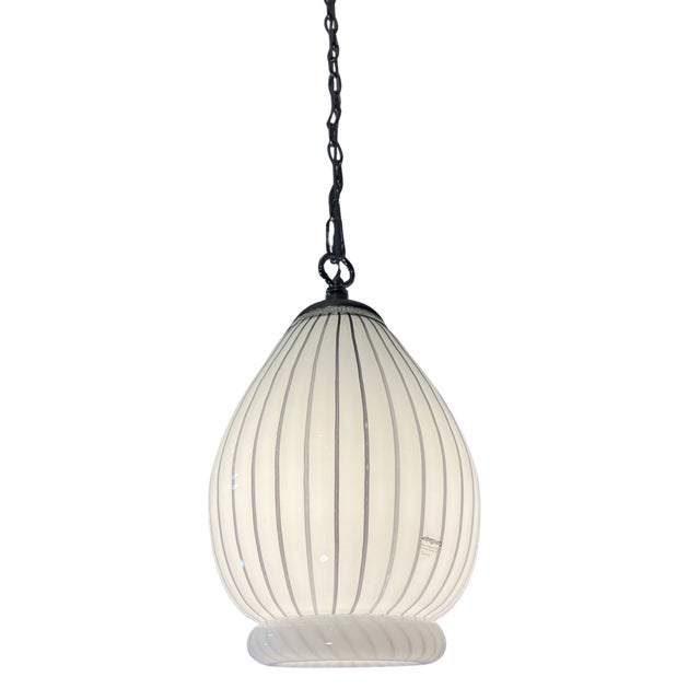 Contemporary Vintage Murano Striscia Art Glass White Oval Pendant Light With Black Stripes For Sale - Image 3 of 18