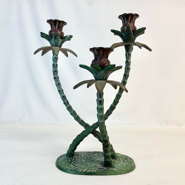 1970s Vintage Coastal Boho Chic Tole Palm Tree 3-Arm Candelabra. For Sale - Image 4 of 11