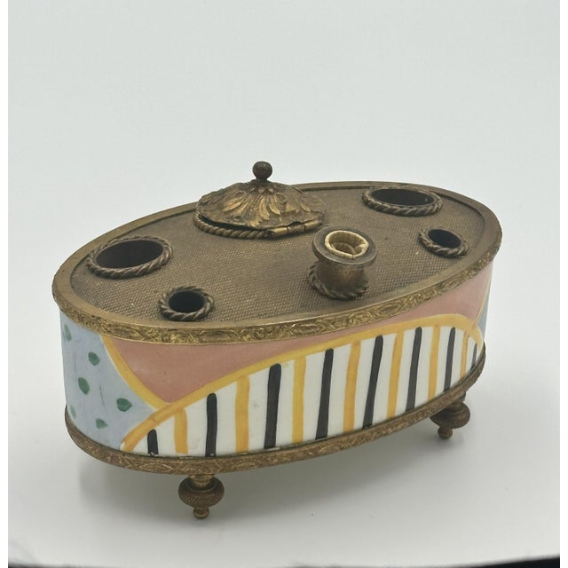 Late 19th Century Antique Enameled & Gilt Metal Inkwell • Hand‑Painted Porcelain Base • Ornate Desk Accessory For Sale - Image 5 of 7