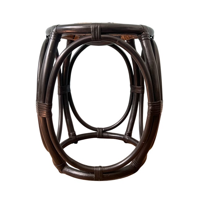 Vintage Black Rattan & Woven Cane Low Stool / Side Table / Plant Stand – British Colonial / Boho For Sale - Image 9 of 11
