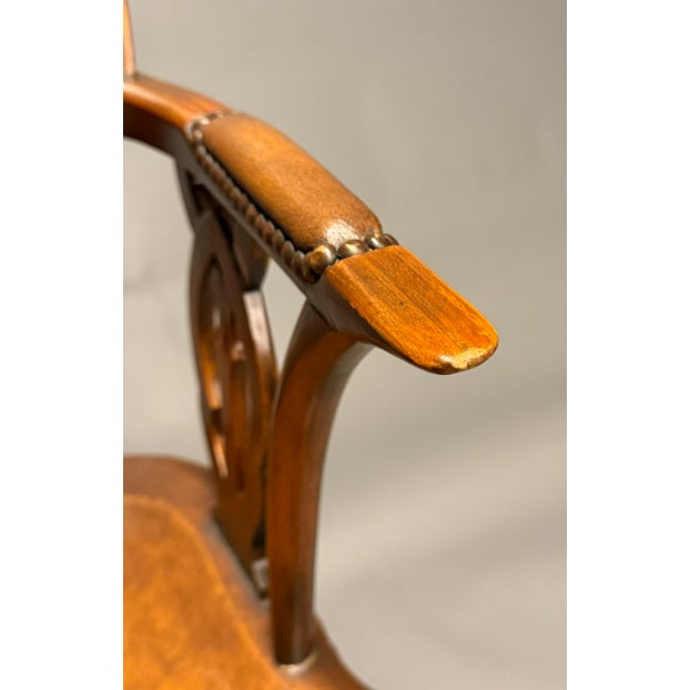 1990s Set of 6 Gothic Windsor Style Mahogany Dining Chairs With Leather Seats, 2 Armchairs & 4 Side Chairs For Sale - Image 15 of 15