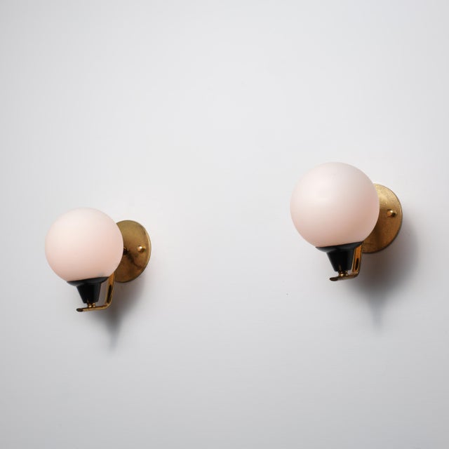 Black Vintage Italian Wall Sconces in Brass and Opaline Glass, 1950s, Set of 2 For Sale - Image 8 of 12