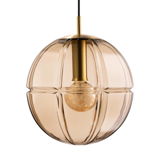 Vintage Pendant Lamp in Smoked Glass and Brass from Peill & Putzler, Germany, 1970s For Sale