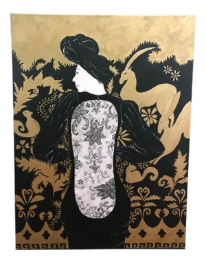 Woman in Black Lace Couture Backless Gown Painting