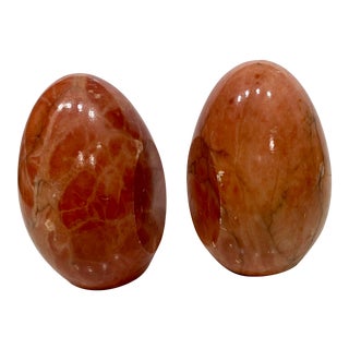 Vintage 1950s Italian Alabaster Egg Deep Coral Color Bookends - a Pair For Sale