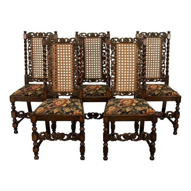Antique 19thC Set 6 Carved Caned Jacobean Barley Twist Walnut Dining Chairs 1870 For Sale - Image 4 of 18