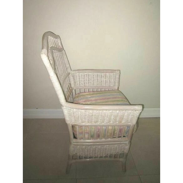 Hollywood Regency 1980s Wicker Rattan Hollywood Regency Armchair With Cushion Henry Link Style Cottage For Sale - Image 3 of 7