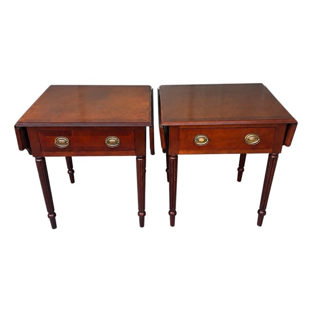 Bombay Company Mahogany Drop-Leaf One-Drawer Side Tables | Federal Style End Tables, a Pair For Sale