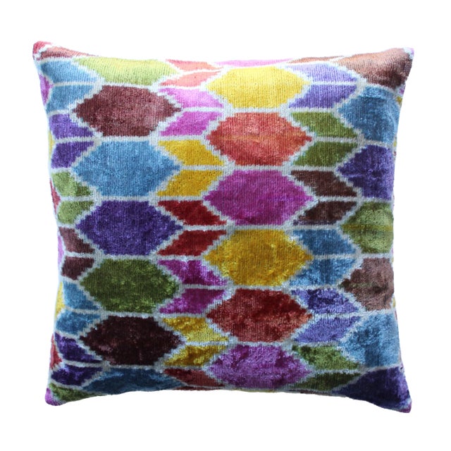 Contemporary Turkish Multi Colors Velvet Silk Ikat Pillow For Sale - Image 10 of 10