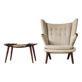 Set of Papa Bear AP-19 Chair and Ottoman in Teak attributed to Hans J. Wegner for S.P. Stolen, Denmark, 1950s For Sale