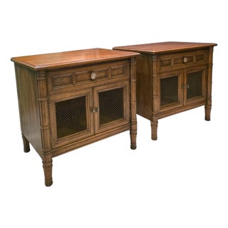 Pair of Vintage Henredon Fine Furniture Walnut With Metal Mesh Cabinet Doors Nightstands For Sale