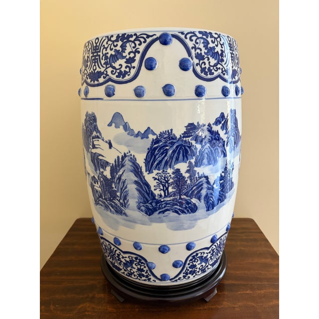 Late 20th Century Chinoiserie Blue and White Porcelain Garden Stool or Side Table on Wooden Stand For Sale In South Bend - Image 6 of 12