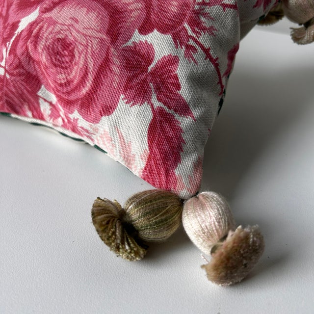 Lavender Scented Accent Pillow in Carolina Irving Carnation Stripe and Vintage Toile With Samuel & Sons Onion Tassels Onion Tassel Fringe For Sale - Image 4 of 4