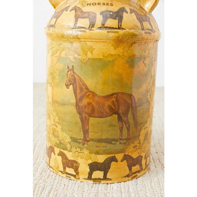 Whimsical decoupage decorated New England dairy farm lidded milk jug or bottle. Features an equine motif with images and...