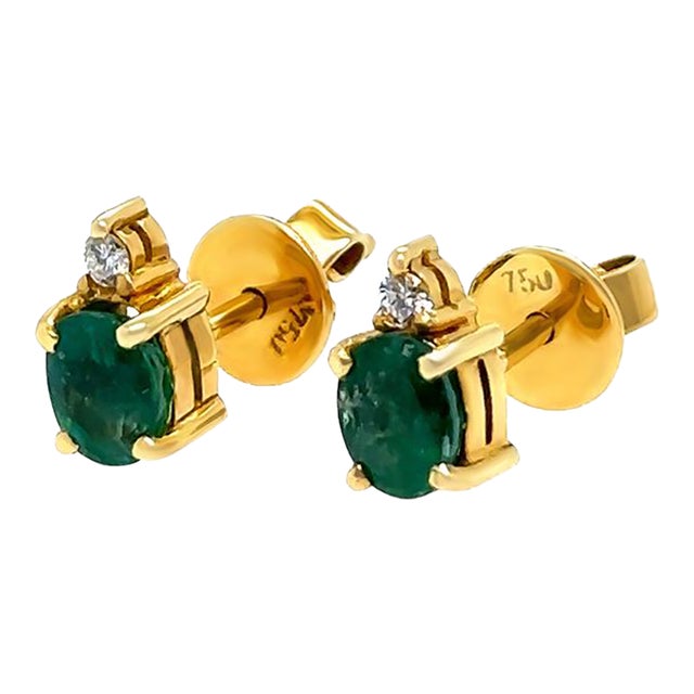 18ct Yellow Gold Emerald & Diamond Stud Earrings 1.06ct 2.41g, A Pair For Sale