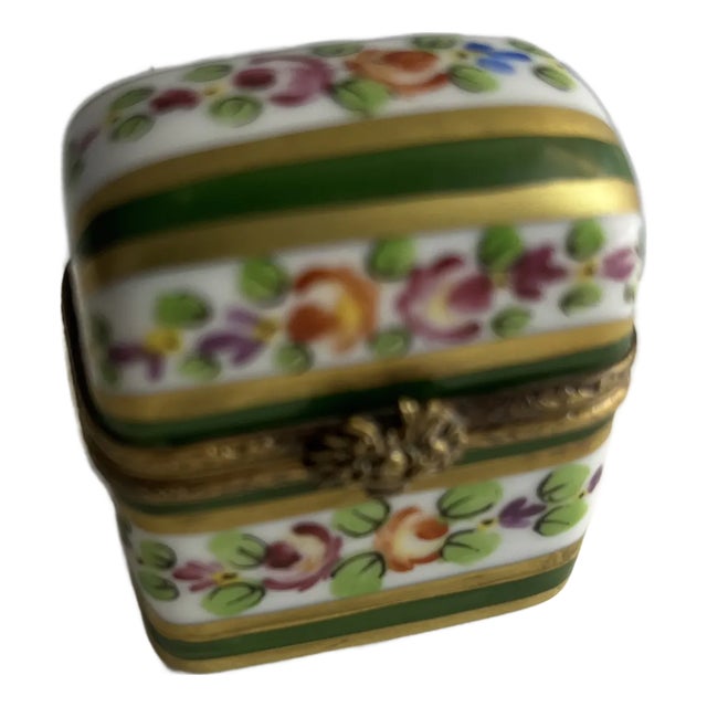Vintage Limoges Green Stripe and Roses Box For Sale