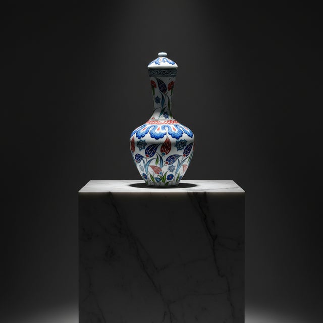 Handmade Ceramic Iznik Bottle Vase with Lid Red Tulip and Geometric Pattern For Sale - Image 9 of 9