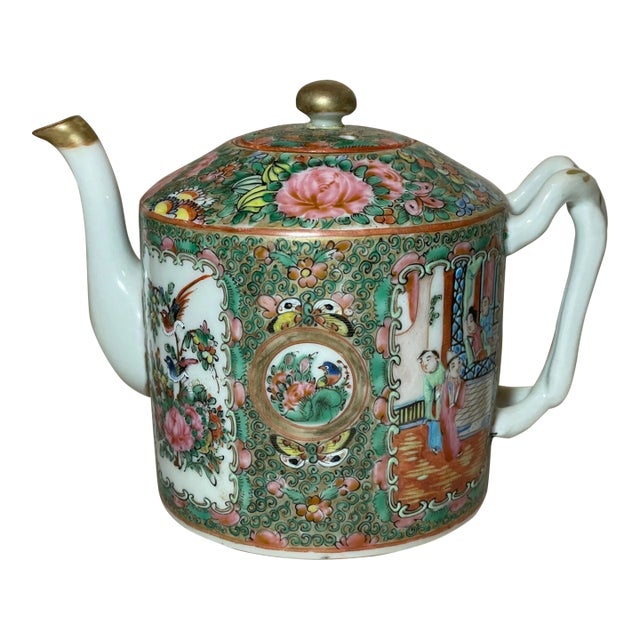 Antique Early 19th Century Chinese Export Rose Medallion Branch Porcelain Teapot For Sale