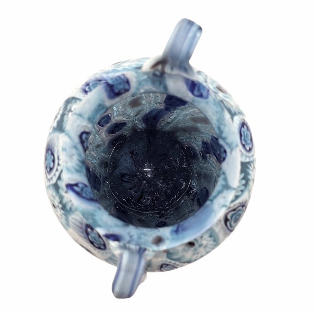 Fratelli Toso Murano Italy Art Glass Millefiori Murrine Handled Vase Blue 6" For Sale In San Francisco - Image 6 of 8