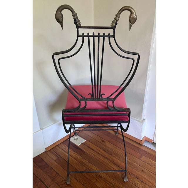 Maison Jansen Maison Jansen Style Brass Swan and Black Lyre Back Folding Chair With Paw Feet For Sale - Image 4 of 10