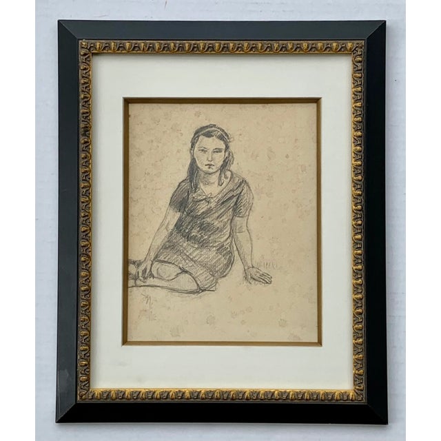 1930s Young Girl Vintage Sketch Framed For Sale - Image 4 of 4