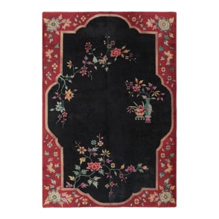 Vintage Chinese Art Deco Rug in Red and Black With Floral Patterns - Rug & Kilim For Sale