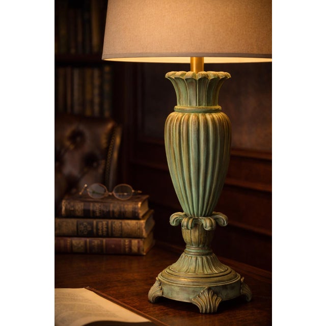 Neoclassical Verdigris Patinated Urn Form Table Lamp With 16” Linen Drum Shade For Sale - Image 3 of 8