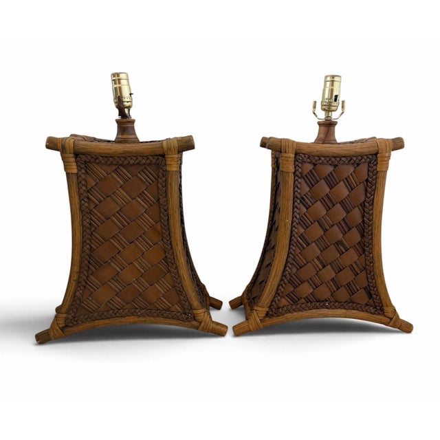 Boho Chic Vintage Bamboo and Leather Strap Table Lamps - A Pair For Sale - Image 3 of 12