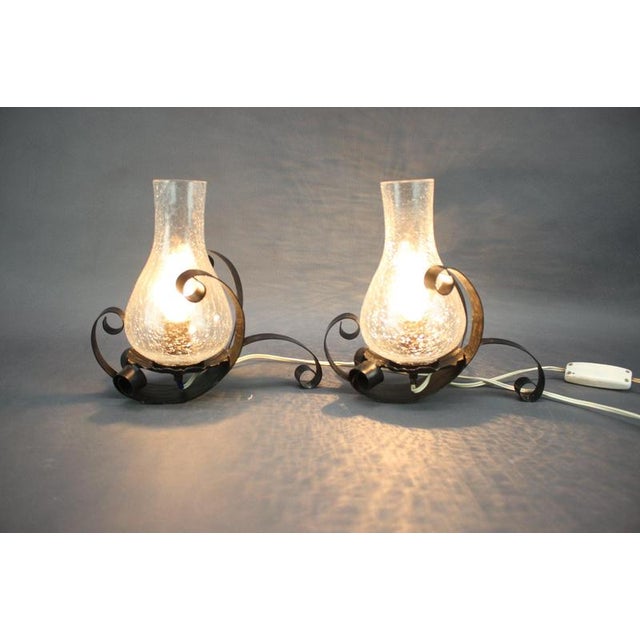 Glass Czechoslovakian Crackle Glass Table Lamps with Wrought Iron Frames, 1950s, Set of 2 For Sale - Image 7 of 9