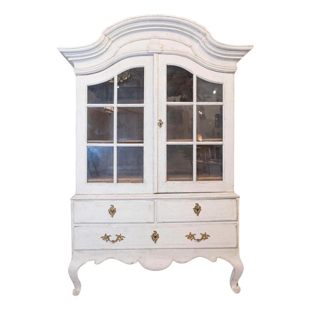 1760s Period Rococo Swedish Cabinet with Glass Doors, Bonnet Top and Cabrioles For Sale