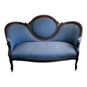 Early 1900s Victorian Ebonized Walnut Sofa in Blue